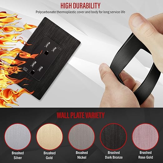 ENERLITES 61501 Elite Series Decorator Receptacle, Child Safe Tamper-Resistant Outlet, Gloss Finish, Self-Grounding, Residential Grade, 15A 125V, 61501-TR-DBWBP, Brushed Dark Bronze With Wall Plate