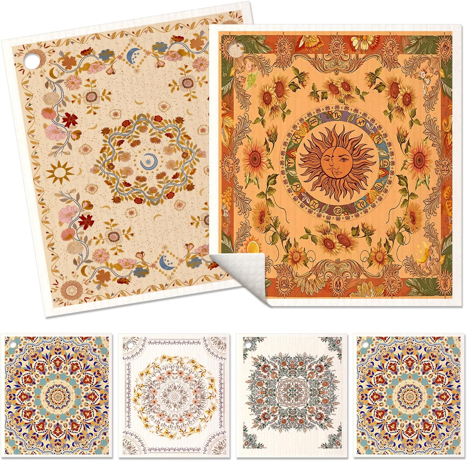 6 Pack Swedish Dishcloths for Kitchen - Reusable Dish Cloths for Washing Dishes Absorbent Cute Funny Kitchen Towels Cleaning Sponge, Bohemi