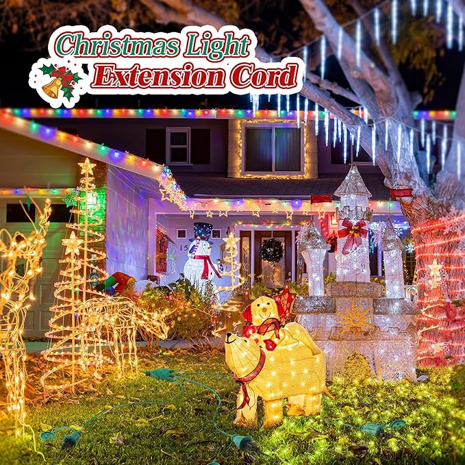 Feekoon 20FT Outdoor Extension Cord with Timer, 1 to 3 Way Extension Cord Splitter, 16AWG SJTW Heavy Duty 3 Plug Green with Multiple Outlets and Weatherproof Covers for Halloween Christmas