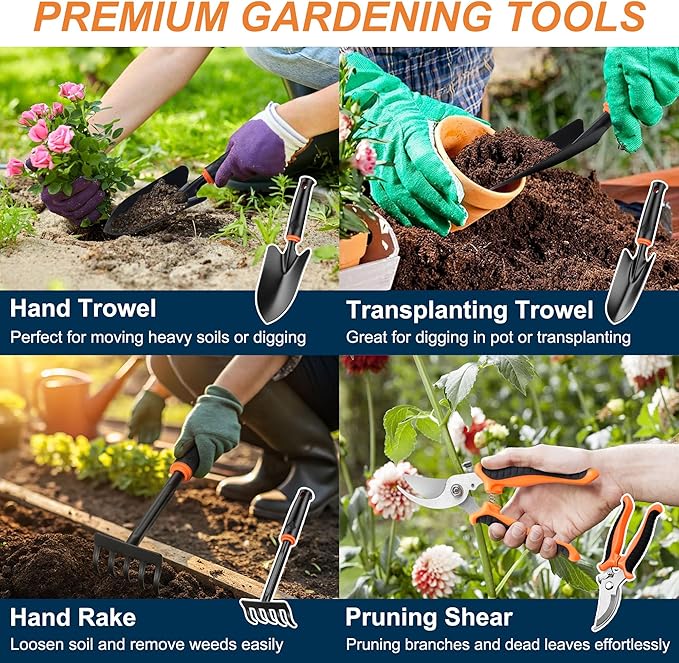 Joyfair Garden Tool Set, 5 Pcs Gardening Tools for Women & Men, Gardening Hand Tool Kit with Pruning Shear, Repotting Mat, Transplant Trowel, Hand Rake, Heavy-Duty Plant Supplies for Indoor & Outdoor