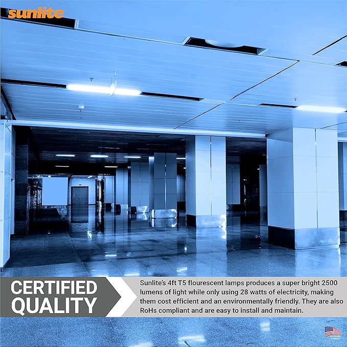 Sunlite 30342 F28T5/850 4 Foot T5 Linear Fluorescent Lamp, 28 Watts, 2500 Lumens, 5000K Daylight, Miniature G5 Bi-Pin Base, ROHS Compliant, High Performance Straight Tube, 40 Pack