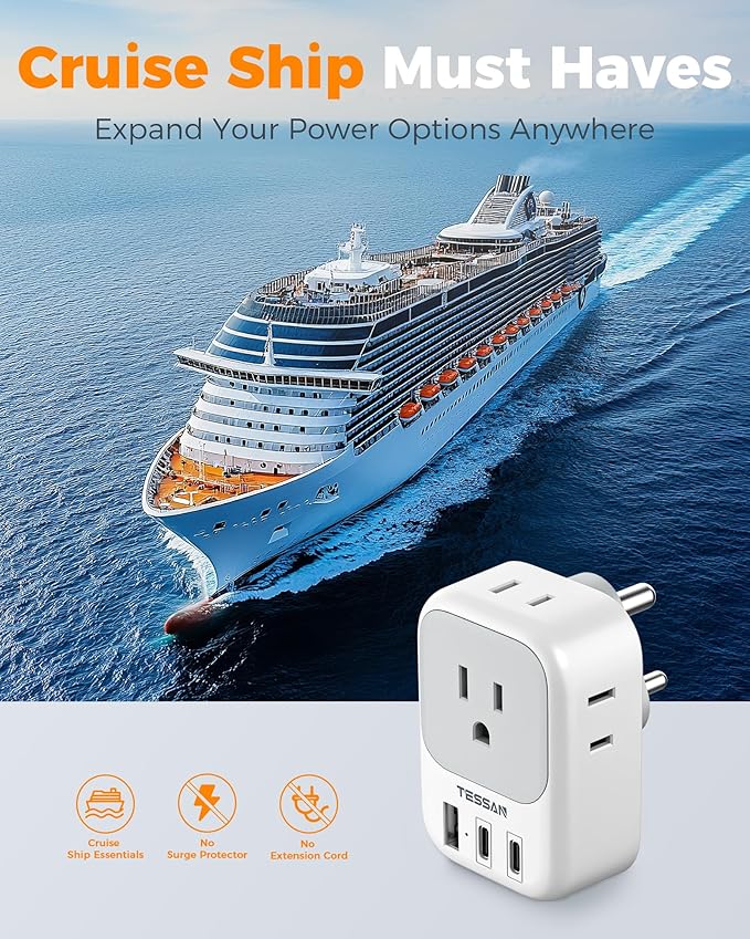 US to India Plug Adapter, TESSAN Type D Travel Adapter with 4 Outlets 3 USB (2 USB-C), Power Adaptor for USA to India Nepal Maldives Pakistan Bangladesh Sri Lanka Bhutan Yemen