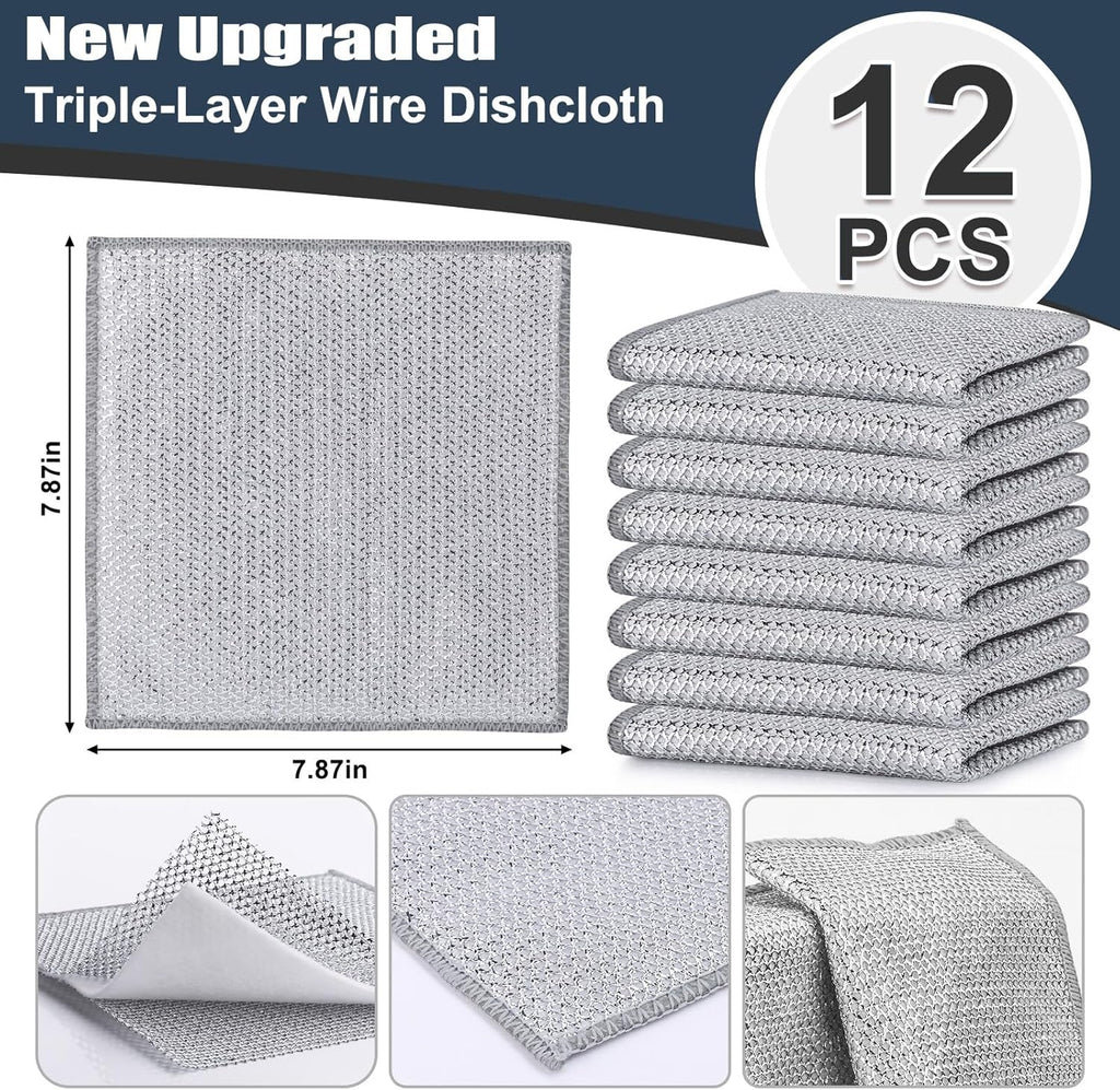 Navona 12 Pcs New Upgrade Steel Wire Dishcloth,Triple-Layer Steel Wire Cleaning Cloth,Powerful Cleaning Non-Scratch Wire Dishcloth Rag for Cookware, Sinks, Dishes, Stove Tops