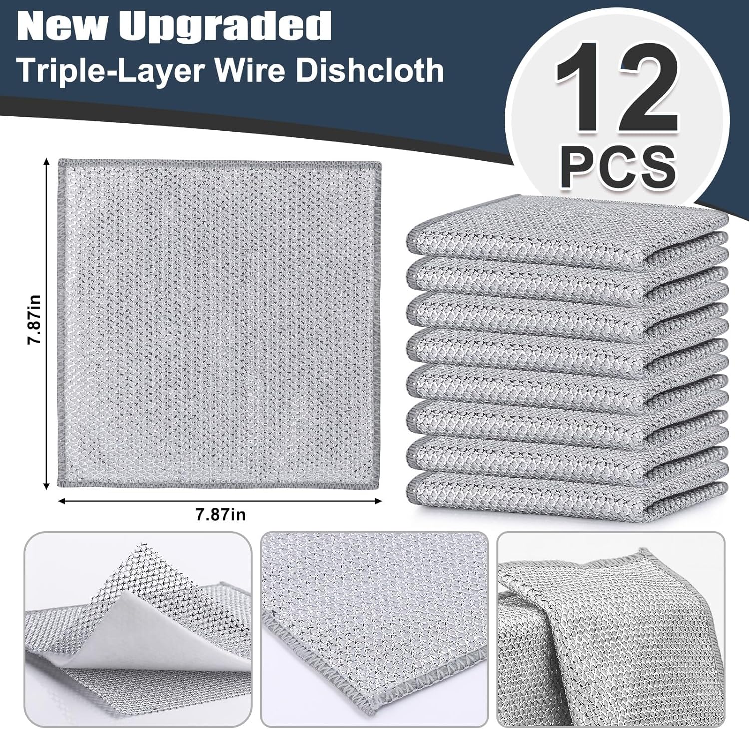 Navona 12 Pcs New Upgrade Steel Wire Dishcloth,Triple-Layer Steel Wire Cleaning Cloth,Powerful Cleaning Non-Scratch Wire Dishcloth Rag for Cookware, Sinks, Dishes, Stove Tops