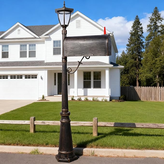 Extra Large Mailbox with Post - Heavy Duty Cast Aluminum Post Mount Mailbox for Outside, Modern Residential Mail Box with Solar Light, No Dig Installation, All-Weather Design