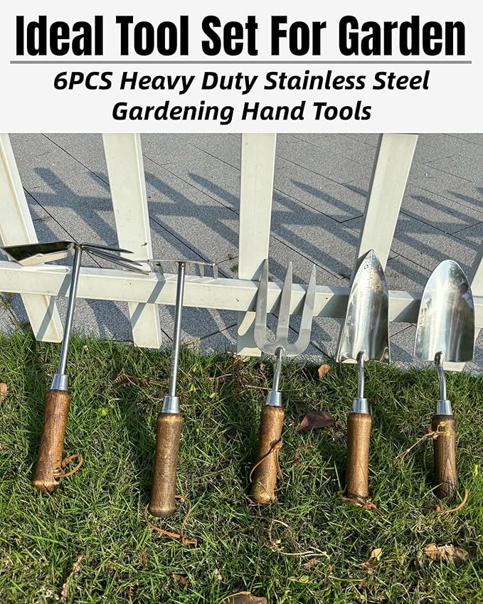 Garden Tool Set, 6PCS Heavy Duty Stainless Steel Gardening Hand Tools with Ropes, Includes Trowel, Transplanter, 2-in-1 Hoe, Pruner & More, Ideal Gardening Gift for Man and Woman (Standard Packaging)