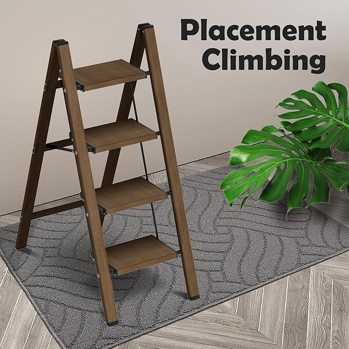 Taranta 4 Step Ladder,Aluminum Lightweight Folding 4 Step Stool with Anti-Slip Wide Pedal,330lbs Capacity Step Ladder for Household,Kitchen,Office - Walnut