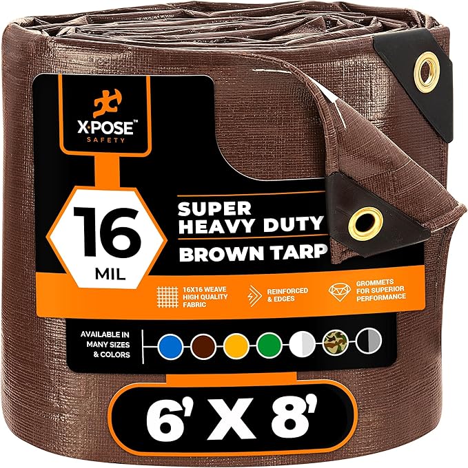 6' x 8' Super Heavy Duty 16 Mil Brown Poly Tarp Cover - Thick Waterproof, UV Resistant, Rip and Tear Proof Tarpaulin with Grommets and Reinforced Edges - by Xpose Safety