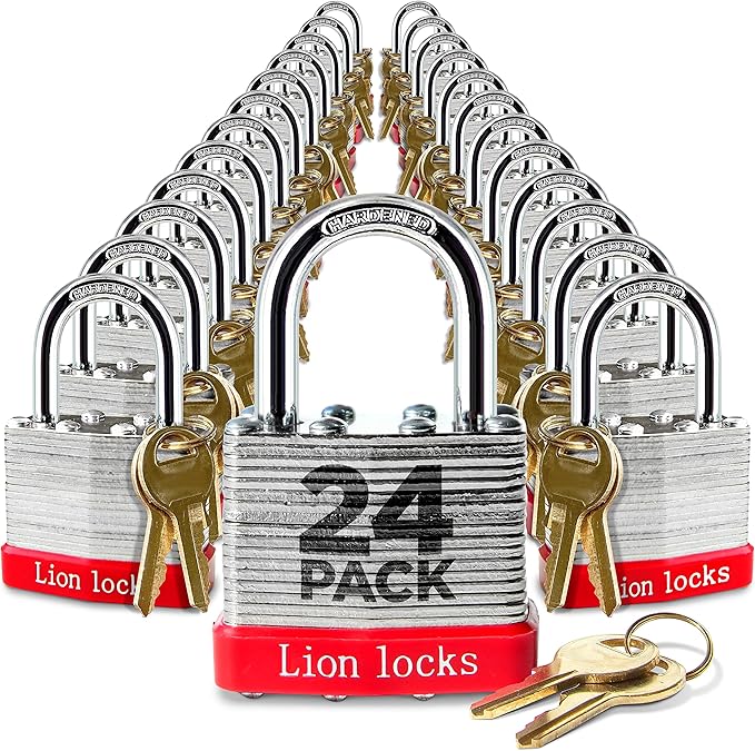Lion Locks 24 Keyed-Alike Padlocks w/ 1.25” Shackle, 48 Keys, Hardened Steel Case, Brass Cylinder (24-Pack) - for Hasp Latch, Sheds, Fences, Storage Locker, School, Gym