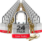 Lion Locks 24 Keyed-Alike Padlocks w/ 1.25” Shackle, 48 Keys, Hardened Steel Case, Brass Cylinder (24-Pack) - for Hasp Latch, Sheds, Fences, Storage Locker, School, Gym