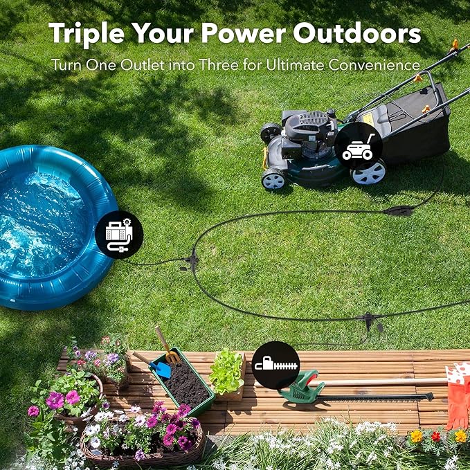 BN-LINK 25 ft Outdoor Extension Cord w/3 Inline Outlets 16/3 Gauge, SJTW Green for Landscaping & Holiday Decorations, Grounded, ETL Listed，Black