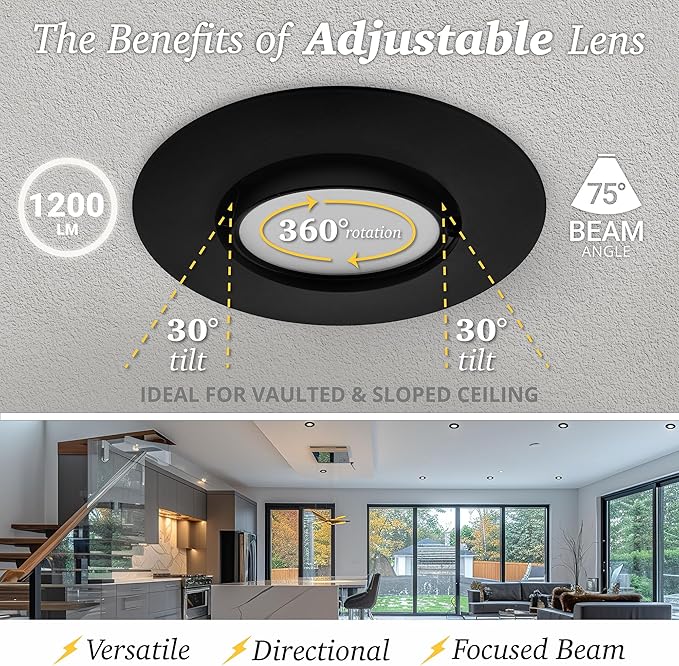 NUWATT 6 Inch Recessed Gimbal Downlight, Dimmable, 16.5 Watts, 1200 Lumens, 120V, 5CCT: 27K/30K/35K/40K/50K, CRI >90, ETL Listed, Black Finish