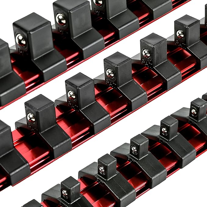 ARES 70204-3-Piece Aluminum Socket Organizer - 1/4-Inch, 3/8-Inch, and 1/2-Inch Drive Socket Rails Hold 48 Sockets and Keep Your Tool Box Organized