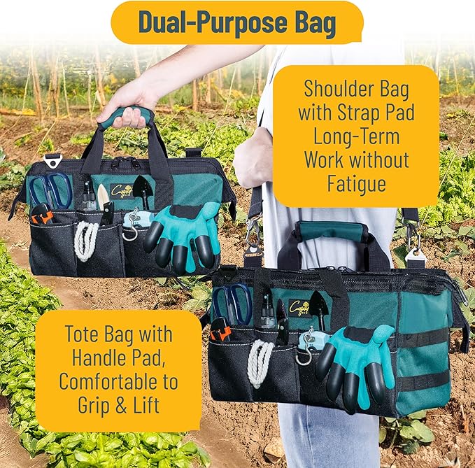 Garden Tool Bag Organizer – 13 Pocket Heavy-Duty Gardening Tote with 7 Outer & 6 Inner Compartments, Anti-Slip Base, Adjustable Shoulder Strap & Belt – Garden Organizers and Storage (Green)