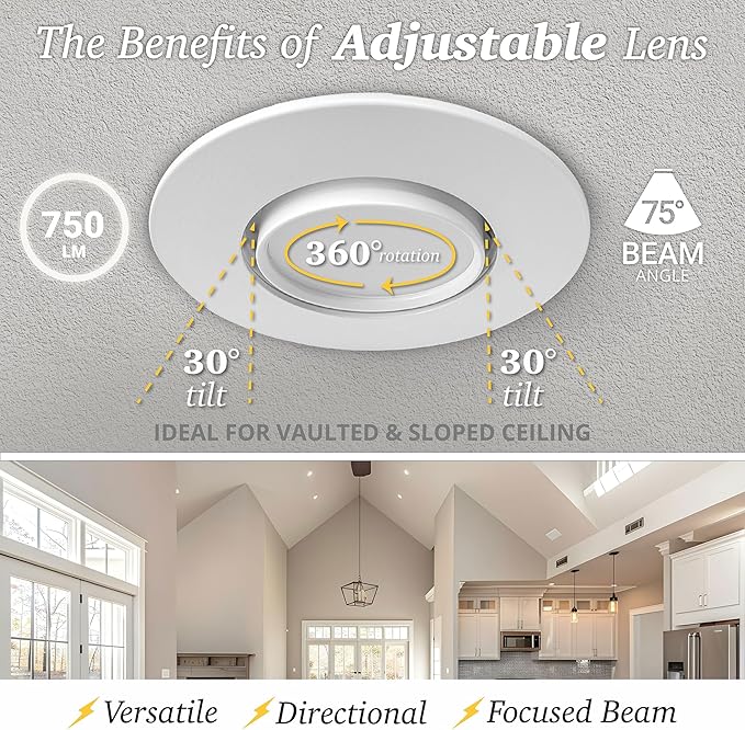 NUWATT 24 Pack 4 Inch Gimbal LED Recessed Lighting Retrofit, 4" Sloped Ceiling Light, 5 CCT 2700K/3000K/3500K/4000K/5000K, Dimmable, High Output 750LM, 10W, 90 CRI Eyeball Lights, Aluminum Trim, ETL