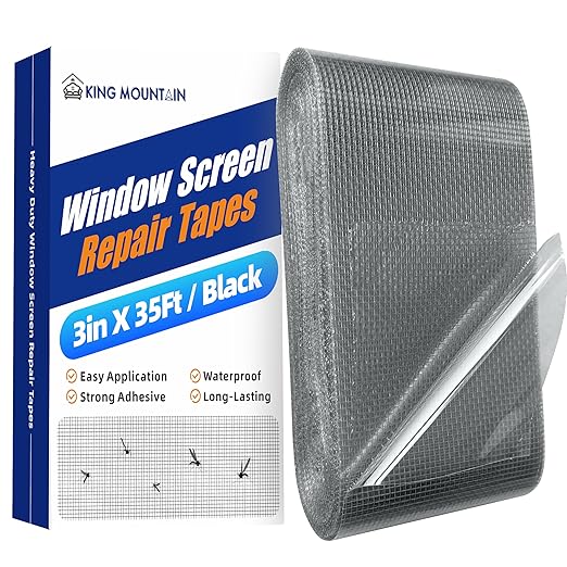 KING MOUNTAIN Black Window Screen Repair Tape,3inX35FT Heavy Duty Screen Repair Kit for Window Screen and Screen Door Tears Holes,Strong Adhesive & Waterproof Window Screen Patch, Weather Resistant