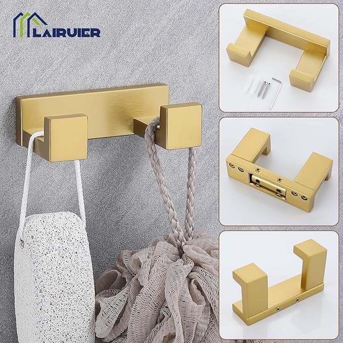 Lairuier Bathroom Hardware Accessories Set, Brushed Gold 4-Piece Bathroom Hardware Set Including Towel Bar,Towel Holder, Toilet Paper Holder, Towel Hook, Stainless Steel Bath Towel Bar Set