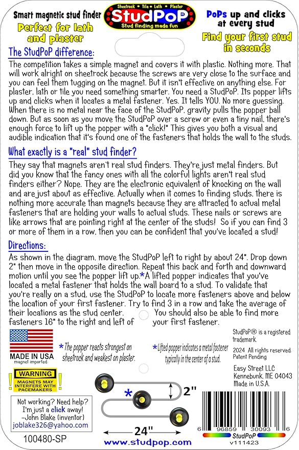 StudPoP® Original Smart Magnetic Stud Finder – No Batteries, No Calibration, 3X More Reliable, Perfect for Lath & Plaster, Metal Studs – Visual & Audible Indicator, Simple & Fun to Use – 1" Magnet