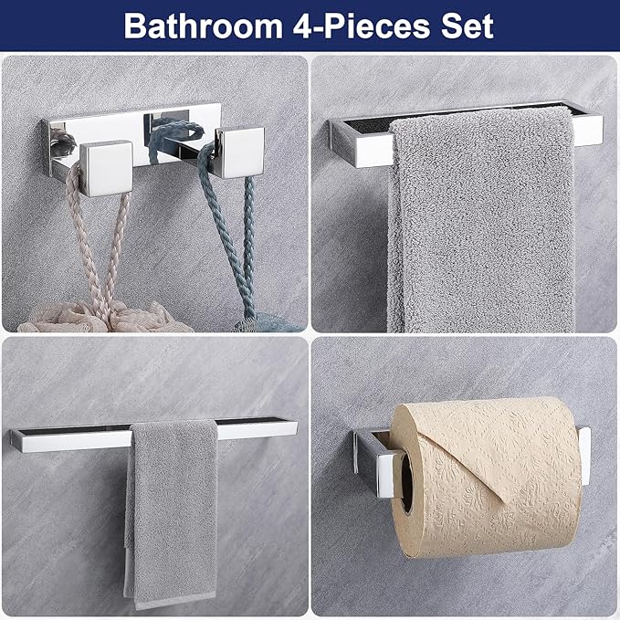 Lairuier Bath Towel Bar Set, Polished Chrome 4-Piece Bathroom Hardware Set Including Towel Bar, Towel Holder, Toilet Paper Holder, Towel Hook. Stainless Steel Bathroom Hardware Accessory