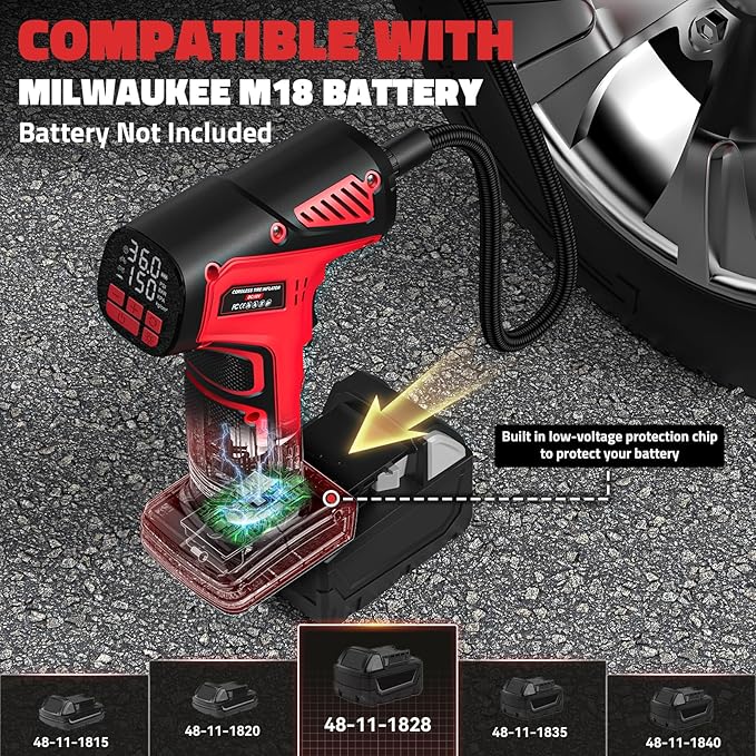 150PSI Tire Inflator Portable Air Compressor: Cordless Air Pump Compatible with Milwaukee 18V Battery - Car Tire Pump with LCD Display & LED Light for Auto, Motorcycles(Bare Tool)