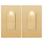 LIDER Matte Finish Lighted Double Switch with Screwless Wall Plate, Combination Frameless Decorator Switch with Locator Light, Ground Terminal Single Pole, 15A 120V, UL Listed, Gold, 2 Pack