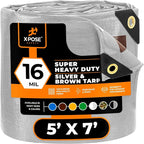 5' x 7' Super Heavy Duty 16 Mil Silver/Brown Poly Tarp Cover - Thick Waterproof, UV Resistant, Rip and Tear Proof Tarpaulin with Grommets and Reinforced Edges - by Xpose Safety