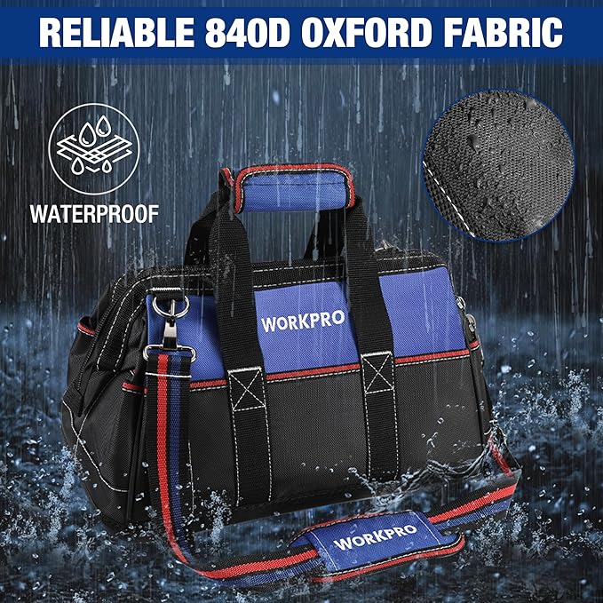 WORKPRO 16-inch Wide Mouth Tool Bag, Heavy Duty Cloth Tool Storage Bag with Water Proof Molded Base, Adjustable Shoulder Strap