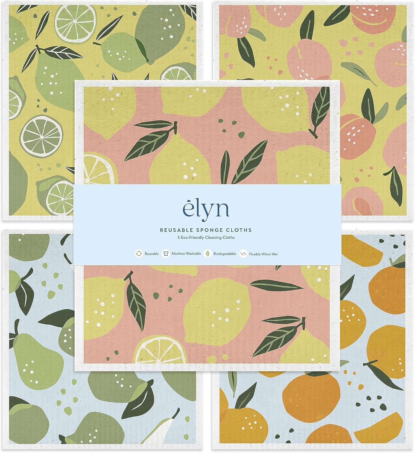 ELYN Swedish Dishcloths, Reusable & Washable Sponge Cloths, Absorbent Cleaning Paper Towels for Kitchen, Dishes, Counters and More, 5 Pack, Assorted Fruit Pattern