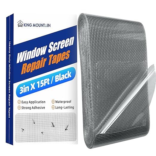 KING MOUNTAIN Black Window Screen Repair Tape,3inX15FT Heavy Duty Screen Repair Kit for Window Screen and Screen Door Tears Holes,Strong Adhesive & Waterproof Window Screen Patch, Weather Resistant