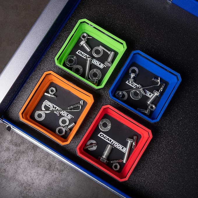 OEMTOOLS 26052 Foldable Magnetic Tray Set, Magnetic Tray for Mechanic's Small Parts, Sorting and Storage, Collapsible, 4-1/2" Square, 2 lb. Capacity, 4 Colors