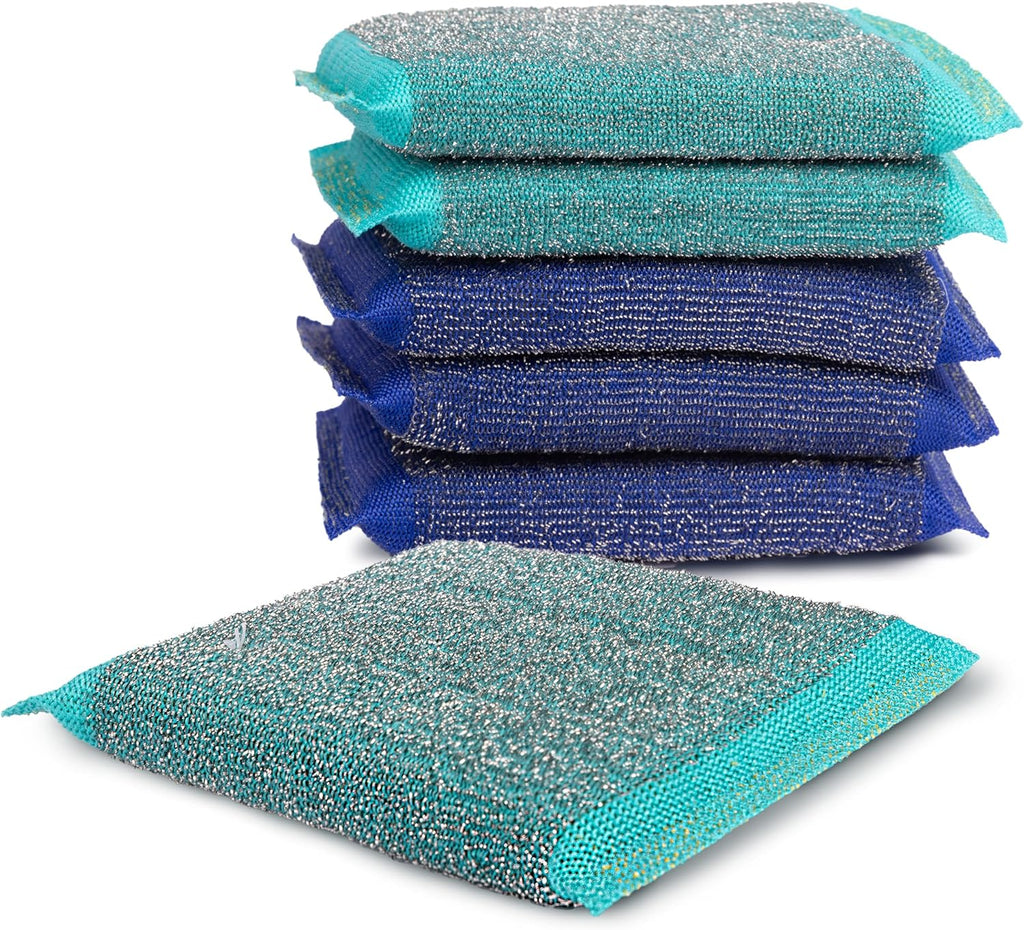 Simplified 6-Pack Steel Scouring Sponges with Rust Resistant Stainless Steel Threading for Home and Kitchen Cleaning Supplies, Heavy Duty Cleaning Sponge for Kitchen & Bathroom, Blue/Green