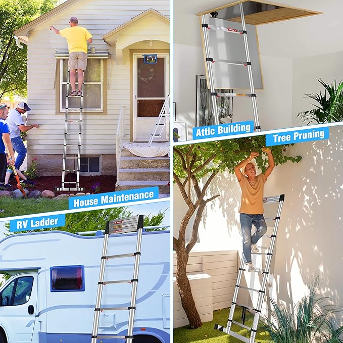 10.5 FT Stainless Steel Telescoping Ladders - One-Button Retraction Collapsible Extension Ladder for Home,RV,Attic,Lasts 375 LBS with Balance Bar and Wheels