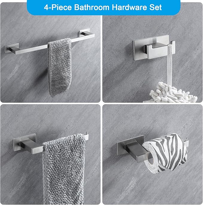 4-Pieces Bathroom Hardware Accessories Set, Towel Rack Towel Bar Toilet Paper Holder Towel Hook Self Adhesive Stainless Steel Towel Rack Set for Bathroom Wall Mounted, Brushed Nickel, 16 Inch