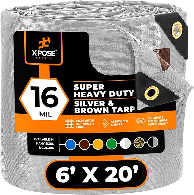 6' x 20' Super Heavy Duty 16 Mil Silver/Brown Poly Tarp Cover - Thick Waterproof, UV Resistant, Rip and Tear Proof Tarpaulin with Grommets and Reinforced Edges - by Xpose Safety