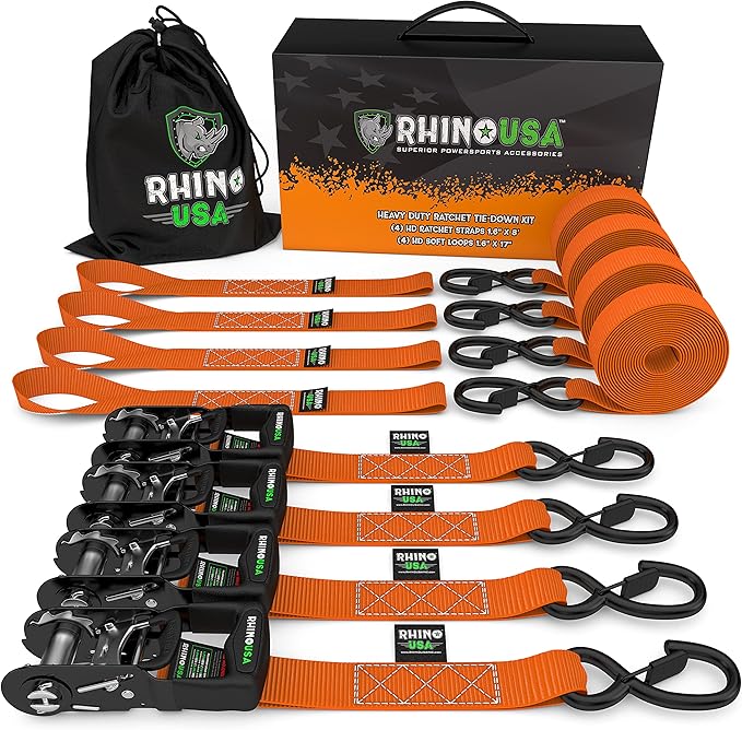 Rhino USA Ratchet Straps Heavy Duty Kit (4-Pack) - 1.6 Inch x 8 Feet (5,208lb Break Strength) - Ultimate Tie Down Straps with Safety S Hooks for Trucks, ATV, UTV, Motorcycle, Cargo & More - Orange