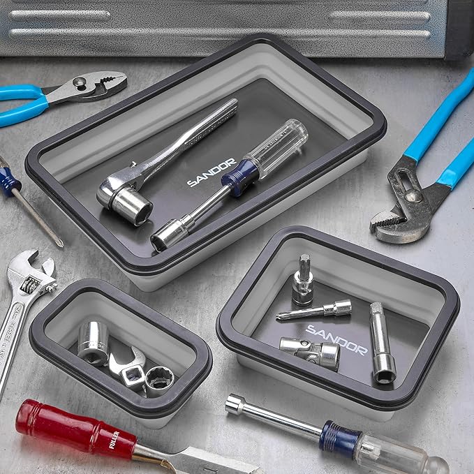 Collapsible Magnetic Parts Tray Set - 3 Different Size Tool Trays for Screw, Bolts, Nuts, Washers, Pins and Other Small Metal Parts, Mechanic Tool Gifts for Men - Light Grey