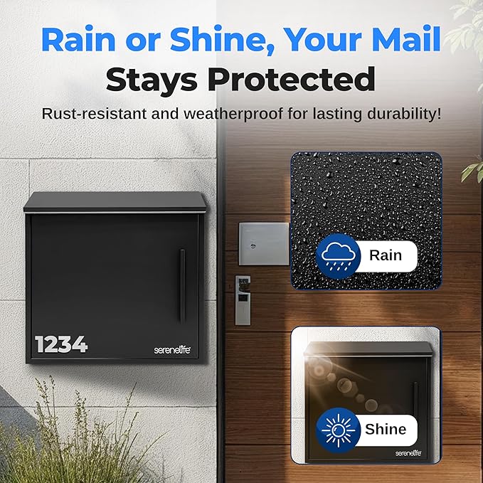 SereneLife Outdoor Wall Mailbox | 0.46 Cubic FT Locking Mailbox | Easy Installation, Secure Lock Mechanism | Ideal for Residential or Commercial Use | Wall Mountable 13.77" x 4.52" x 12.99 | Black