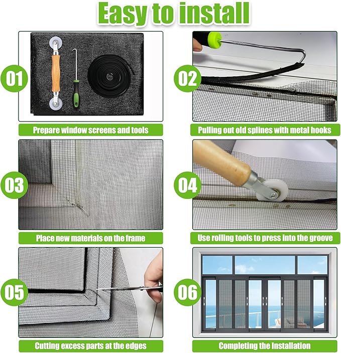 Window Screen Kit and Screen Door Repair Kit,48in x 120in Charcoal Fiberglass Mesh Includes Roller, Hook, Spline Window Door Patio and Porch Screen Replacement, Black