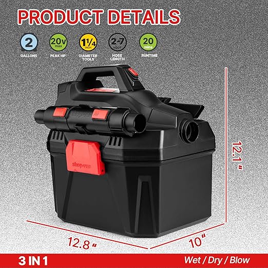 Shop-Vac 2 Gallon 20V Cordless Wet/Dry Vacuum, Portable 3-in-1 Vac with Blower Function, Integrated Battery and Charger Included, Ideal for Garage, Workshop, Car & Jobsite, 5430082