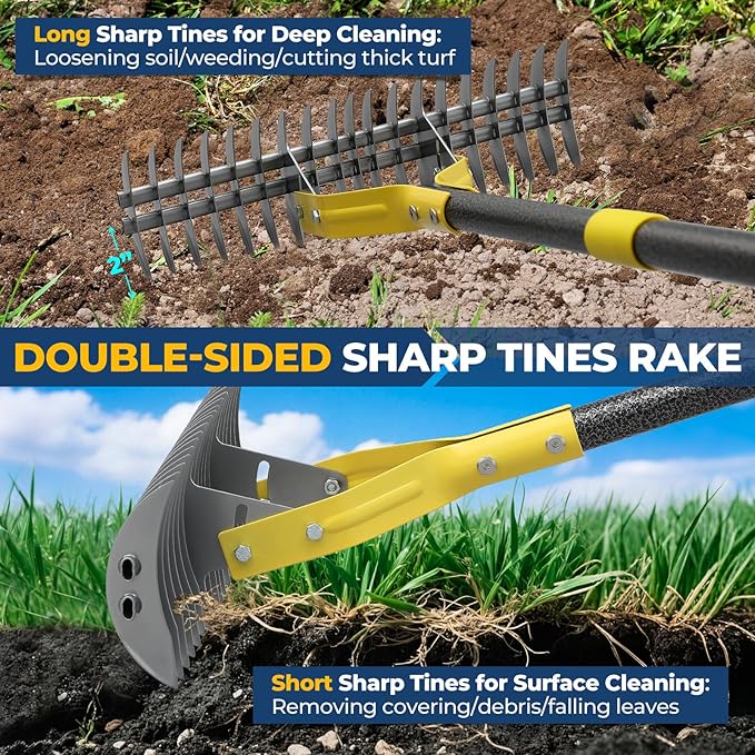 Rake, 51" Heavy Duty Metal Dethatcher Rake with 15" Wide Double-Edged Sharp Tines Thatch Rakes for Lawns,Dead Grass Removal,Soil Loosening,Lawn Care, Dethatching,Yard,Garden