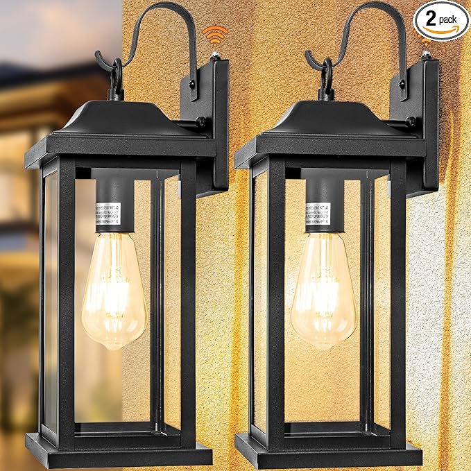 2-Pack Dusk to Dawn Large Outdoor Wall Lights 17 Inch, Exterior Light Fixtures Porch Lights Tempered Clear Glass, IP65 Waterproof Anti-Rust Outside Wall Sconces Matte Black Wall Lanterns