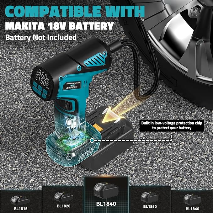 150PSI Tire Inflator Portable Air Compressor: Cordless Air Pump Compatible with Makita 18V Battery - Car Tire Pump with Digital Pressure Gauge & LED Light for Auto, Motorcycles(Bare Tool)