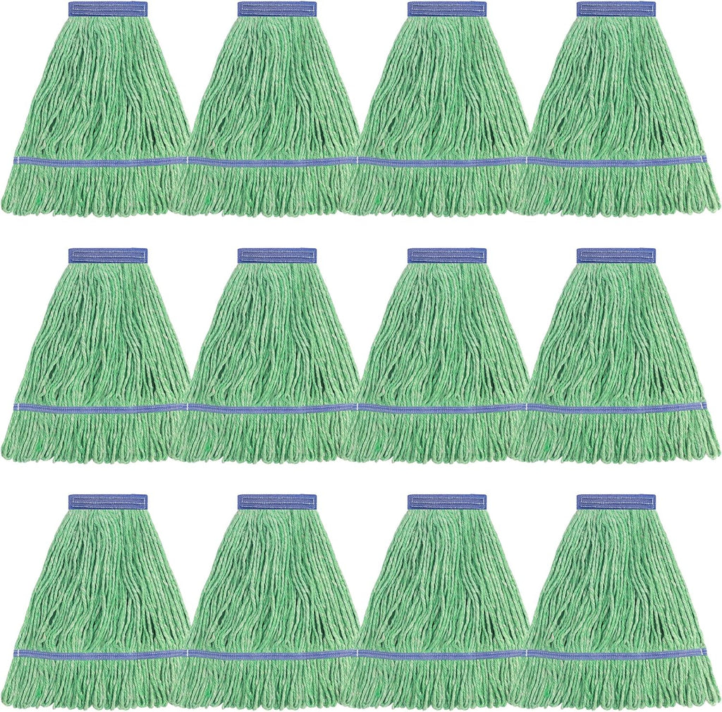 Matthew Cleaning Heavy Duty Mop Head Commercial Replacement for General and Floor Cleaning, Wet Industrial Blue Cotton Looped End String Head Refill (Pack of 12) Green