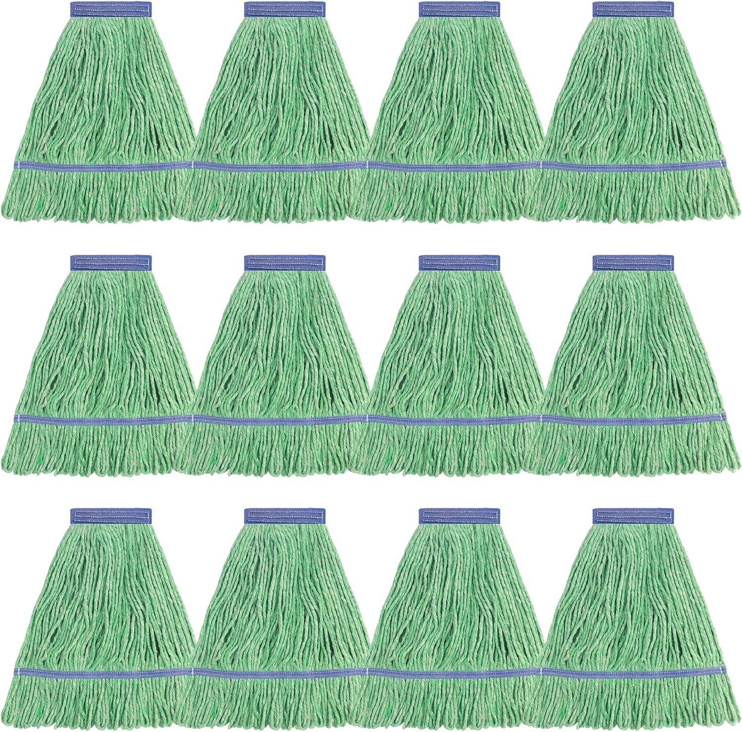 Matthew Cleaning Heavy Duty Mop Head Commercial Replacement for General and Floor Cleaning, Wet Industrial Blue Cotton Looped End String Head Refill (Pack of 12) Green