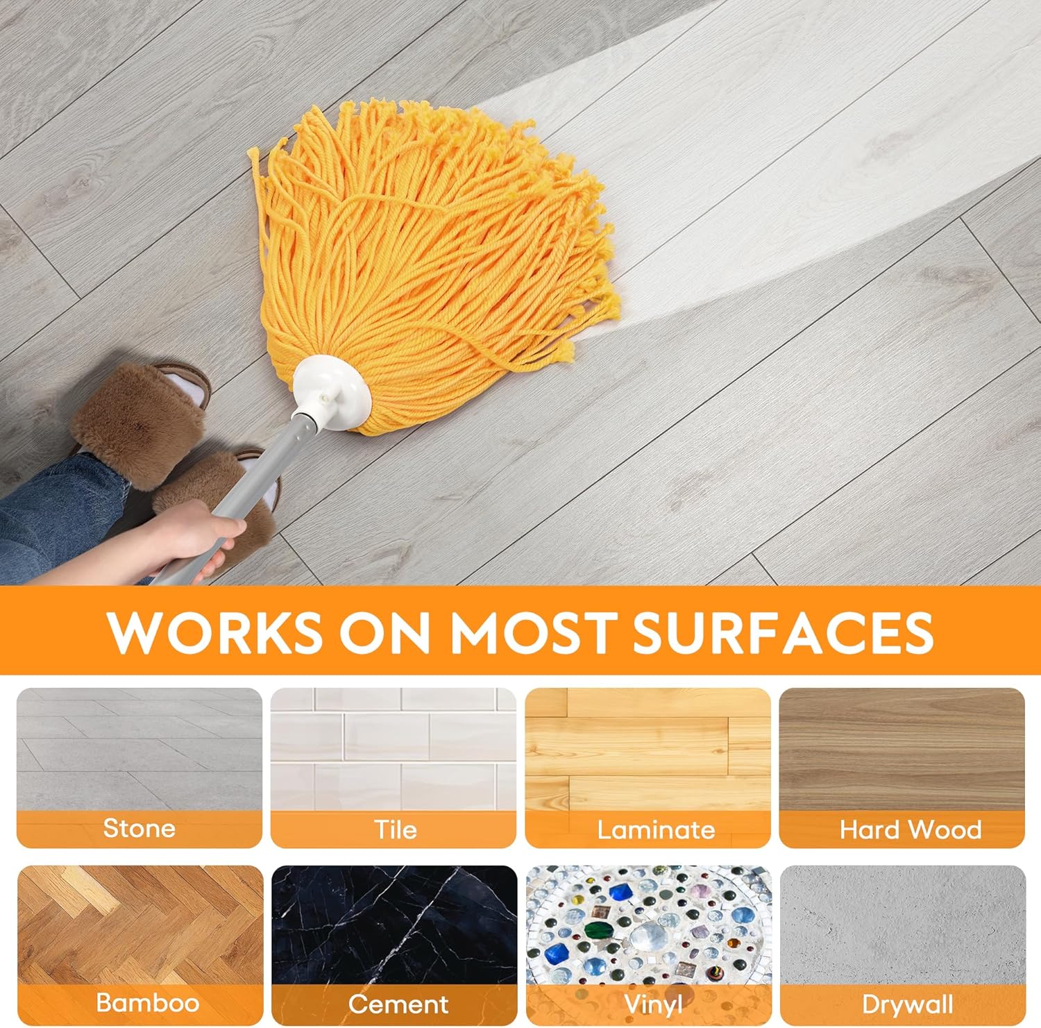 Matthew Microfiber Mop Replacement Compatible with Microfiber Cloth Mop Refill,Stainless Steel Spin Mop Replacement 54" Handle with Wet Mop for Floor Cleaning (2 Mop Heads w/1 Handle)-Orange