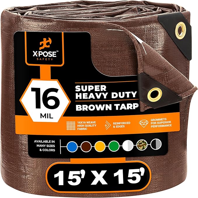 15' x 15' Super Heavy Duty 16 Mil Brown Poly Tarp Cover - Thick Waterproof, UV Resistant, Rip and Tear Proof Tarpaulin with Grommets and Reinforced Edges - by Xpose Safety