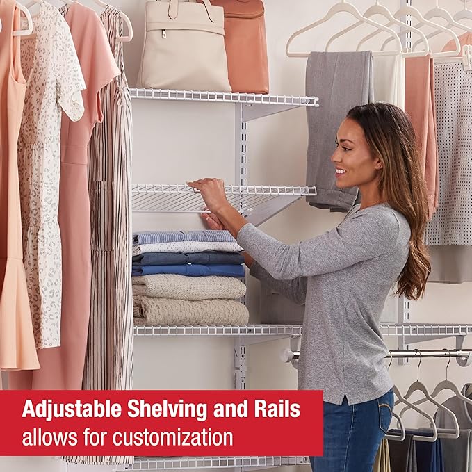 Rubbermaid Configurations Custom Closet Kit 6-10 Ft. Adjustable Metal Wire Shelving White Finish Expandable Organization System Hardware Included for Home Closet/Pantry/Laundry/Mudroom