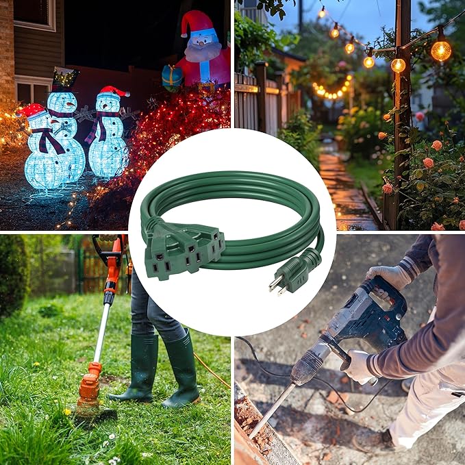 BN-LINK 25Ft Outdoor Extension Cord with 3 Outlets, 2-Pack, 16/3 SJTW, 13-Amp Power Cord for Lighting, Landscaping & Holiday Decorations, Grounded, ETL Listed