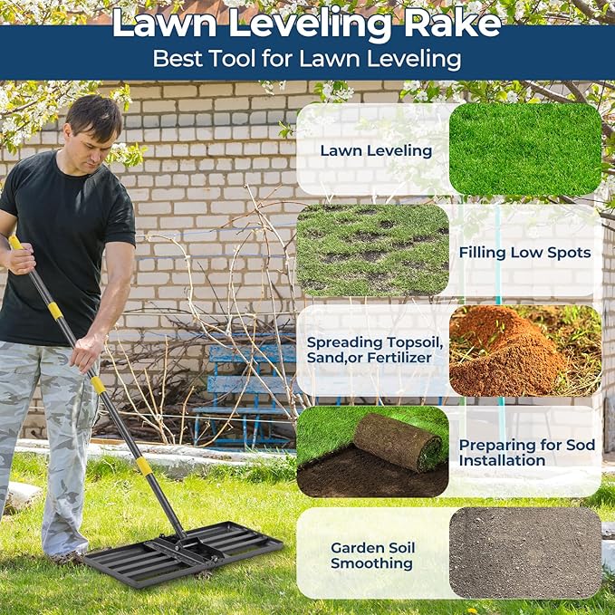 Heavy Duty Lawn Leveling Rake 30x10 with 70" Adjustable Handle - Commercial Grade Landscape Grading Tool, Foldable Yard Leveler for Soil Sand & Topdressing | Stainless Steel + Ergonomic Design