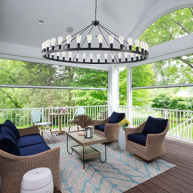 Large black wagon wheel chandelier 64 inch,36-Light Farmhouse wagon Wheel Chandeliers Round Industrial ceiling light fixtures for outdoor porch high ceilings Living Dining Room Foyer Entryway